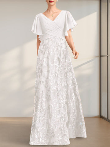A-line V-Neck Floor-Length Lace Sequin Chiffon Mother of the Bride Dress With Pleated