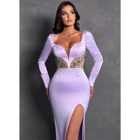 Vestidos de noche formales de sirena con mangas largas y escote en V profundo y cuentas sexys 