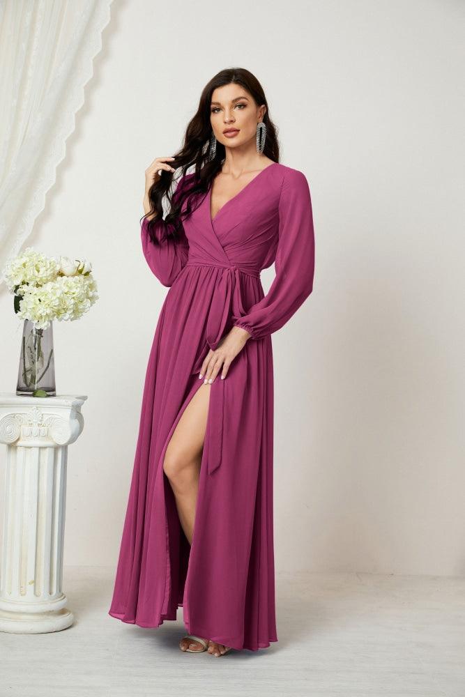 Numbersea Evening Dresses Deep V-Neck Chiffon Bridesmaid Dresses Long Bishop Sleeve Side Split Formal Dress 2806