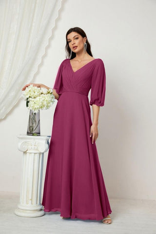 Baoleely  Formal Prom Gown Women V-Neck Chiffon Bridesmaid Dresses Long Bishop Sleeve Party Dress 2807