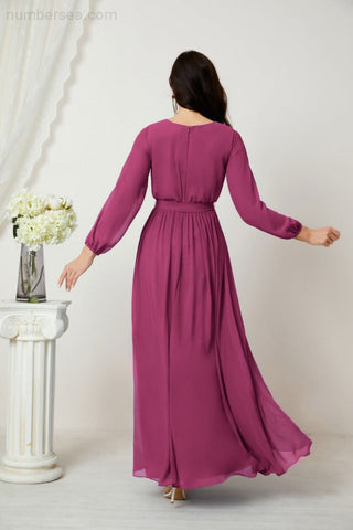 Sunnderly Evening Dresses Deep V-Neck Chiffon Bridesmaid Dresses Long Bishop Sleeve Side Split Formal Dress SY2806