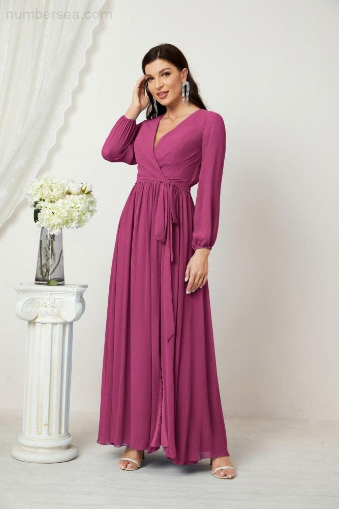 Numbersea Evening Dresses Deep V-Neck Chiffon Bridesmaid Dresses Long Bishop Sleeve Side Split Formal Dress 2806