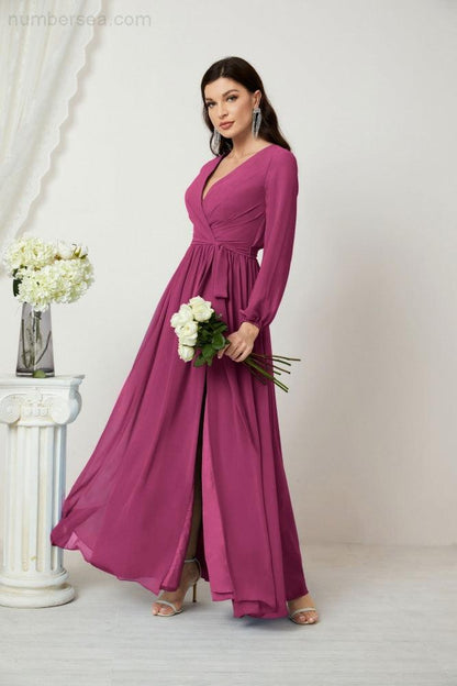 Numbersea Evening Dresses Deep V-Neck Chiffon Bridesmaid Dresses Long Bishop Sleeve Side Split Formal Dress 2806