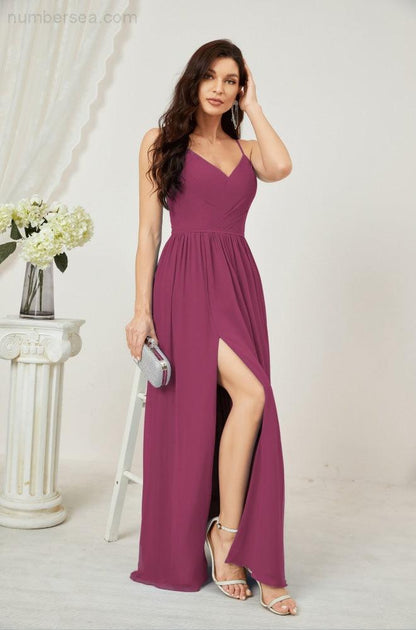 Numbersea  Neck Bridesmaid Dresses Chiffon Long Spaghetti A-line Formal Prom Gown for Wedding Party Evening 2801