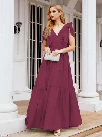 Baoleely Women's Open Back Formal Evening Party Prom Gowns V-Neck Long Chiffon Bridesmaid Dresses with Waist Belt 28038