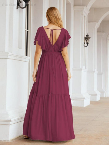 Baoleely Women's Open Back Formal Evening Party Prom Gowns V-Neck Long Chiffon Bridesmaid Dresses with Waist Belt 28038