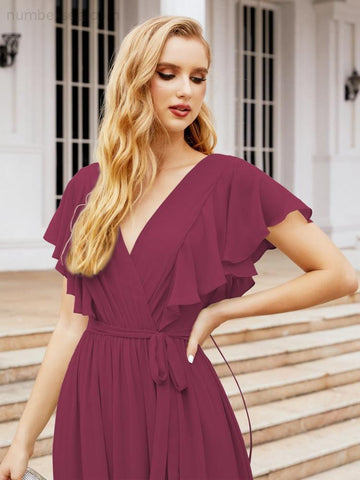 Baoleely Women's Open Back Formal Evening Party Prom Gowns V-Neck Long Chiffon Bridesmaid Dresses with Waist Belt 28038