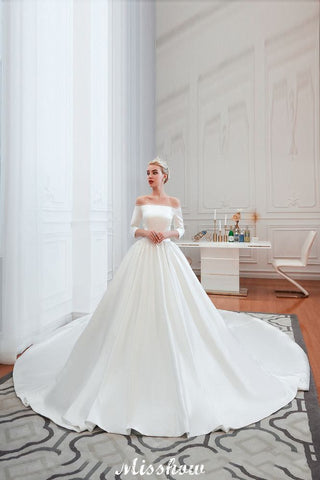 3/4 Sleeves Off-the-Shoulder Ball Gown White Aline Wedding Dress