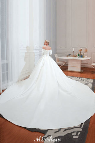 3/4 Sleeves Off-the-Shoulder Ball Gown White Aline Wedding Dress