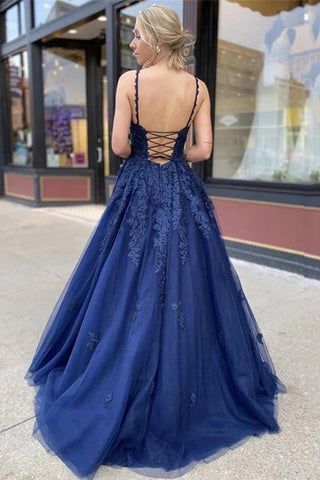 Blue Appliques Long Prom Dress Evening Dress