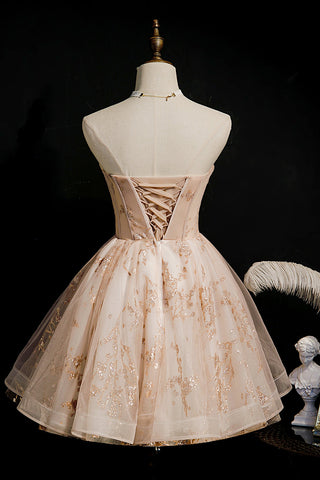 Robes de bal courtes en tulle à sequins champagne sans bretelles