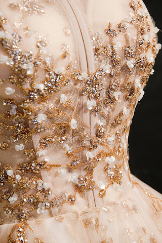 Robes de bal courtes en tulle à sequins champagne sans bretelles