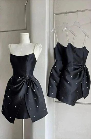 Vestido corto negro de fiesta, vestido de satén, vestido de baile de bienvenida con cuentas Y7654