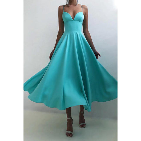 Vestido de fiesta sencillo con escote en V y tirantes finos 