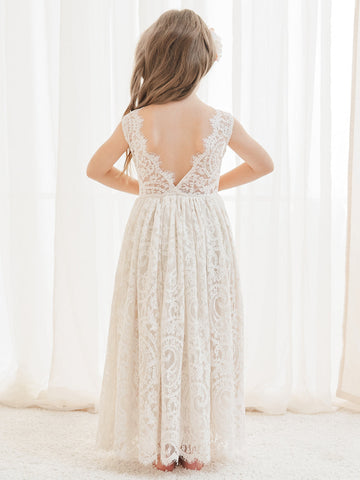 A-line Lace Ankle-length Ivory Boho Flower Girl Dress