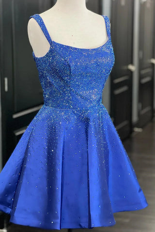 A Line Spaghetti Straps Blue Short Homecoming Dress with Beading