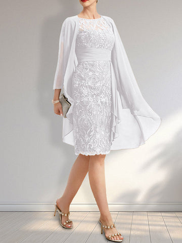 Sheath Scoop Illusion Knee-Length Lace Chiffon Mother of the Bride Dress With Cascading Ruffles Sequins