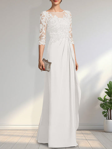 A-line Scoop Illusion Floor-Length Chiffon Lace Mother of the Bride Dress With Beading Sequins Cascading Ruffles