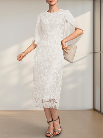 Sheath/Column Scoop Tea-Length Lace Chiffon Mother of the Bride Dress