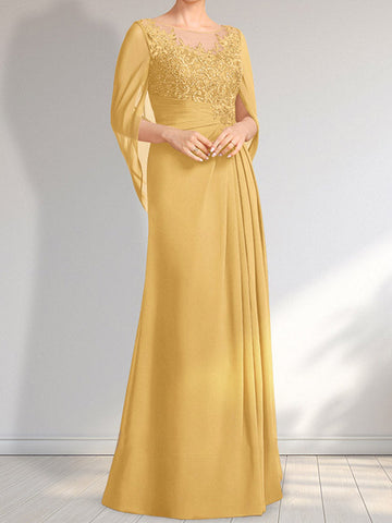 A-line Scoop Illusion Floor-Length Lace Chiffon Mother of the Bride Dress With Pleated Sequins