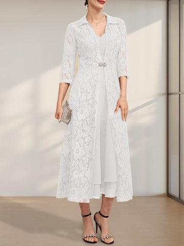 A-line V-Neck Tea-Length Chiffon Mother of the Bride Dress