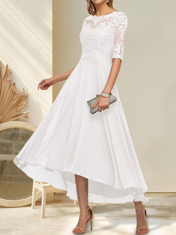 A-line Boat Neck Illusion Asymmetrical Chiffon Lace Mother of the Bride Dress With Sequins Beading