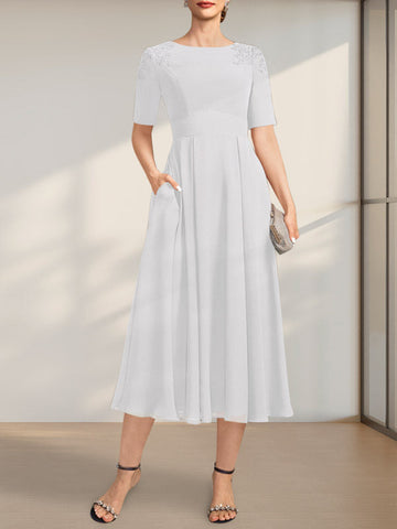 A-line Scoop Tea-Length Chiffon Mother of the Bride Dress With Appliques Lace Sequins