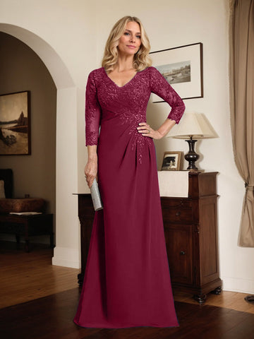 Sheath/Column V-Neck Illusion Floor-Length Lace Chiffon Mother of the Bride Dress With Pleated Sequins