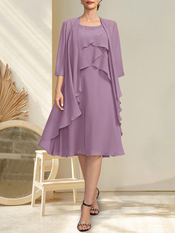 A-line Scoop Knee-Length Chiffon Mother of the Bride Dress With Beading