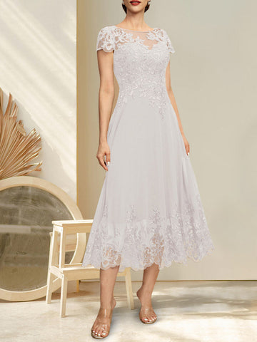 A-line Illusion Scoop Tea-Length Lace Chiffon Mother of the Bride Dress With Sequins