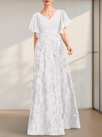 A-line V-Neck Floor-Length Lace Sequin Chiffon Mother of the Bride Dress With Pleated