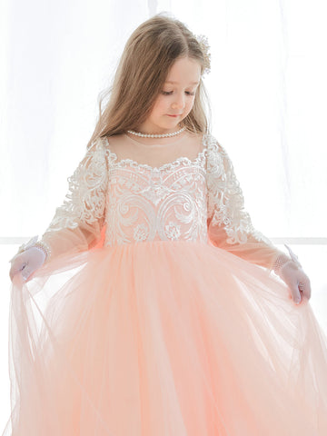 A-line Long Sleeves Lace Tulle Flower Girl Dresses Pink (2003227575)