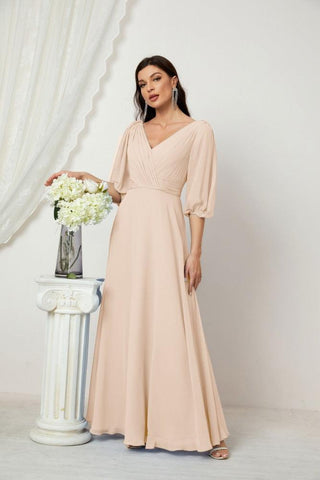Baoleely  Formal Prom Gown Women V-Neck Chiffon Bridesmaid Dresses Long Bishop Sleeve Party Dress 2807