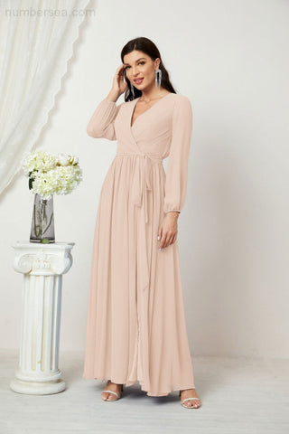 Sunnderly Evening Dresses Deep V-Neck Chiffon Bridesmaid Dresses Long Bishop Sleeve Side Split Formal Dress SY2806