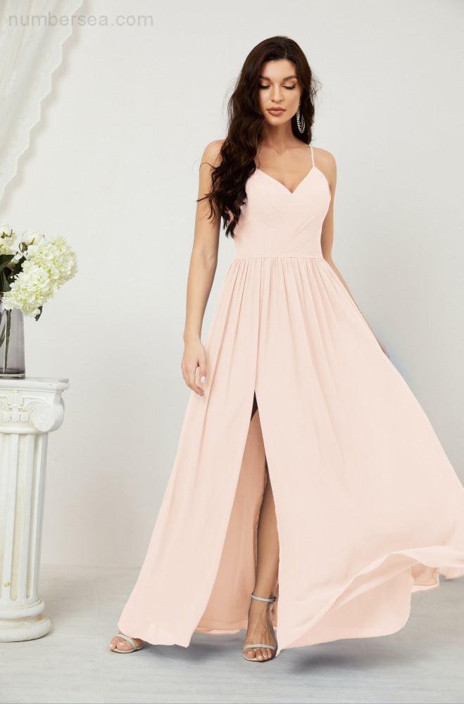 Numbersea  Neck Bridesmaid Dresses Chiffon Long Spaghetti A-line Formal Prom Gown for Wedding Party Evening 2801