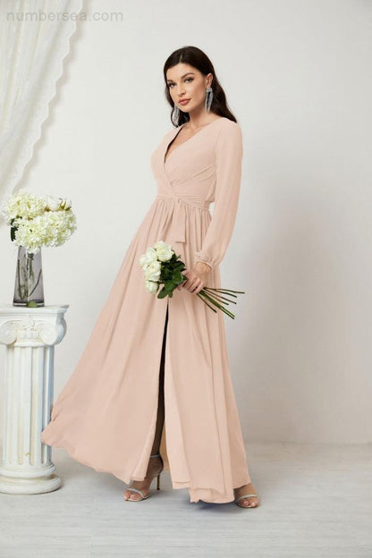 Numbersea Evening Dresses Deep V-Neck Chiffon Bridesmaid Dresses Long Bishop Sleeve Side Split Formal Dress 2806