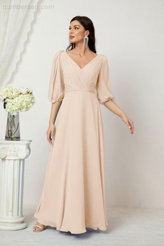 Baoleely  Formal Prom Gown Women V-Neck Chiffon Bridesmaid Dresses Long Bishop Sleeve Party Dress 2807