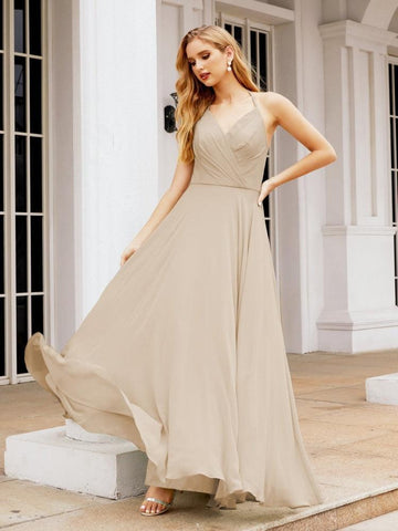 Baoleely Halter Chiffon Bridesmaid Dresses Wedding Appare Sleeveless Formal Prom Dress with Ruffled Back 28035