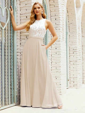 Vestido de dama de honor de encaje, largo hasta el suelo, con bolsillos, 28017 