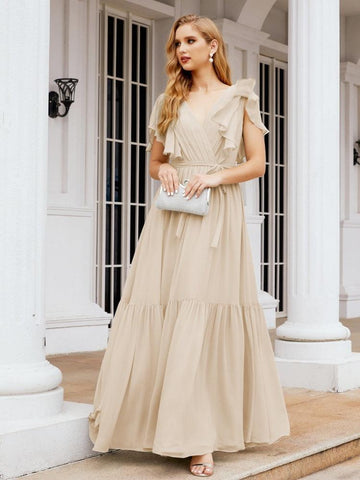 Baoleely Women's Open Back Formal Evening Party Prom Gowns V-Neck Long Chiffon Bridesmaid Dresses with Waist Belt 28038