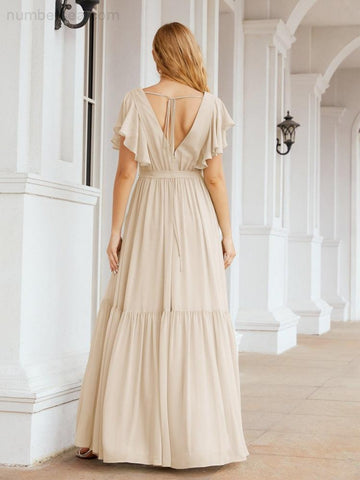 Baoleely Women's Open Back Formal Evening Party Prom Gowns V-Neck Long Chiffon Bridesmaid Dresses with Waist Belt 28038