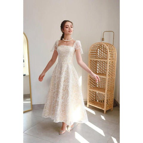 Vestido de fiesta de noche con escote cuadrado, mangas de copa, estampado de tul, corte A, largo hasta la rodilla