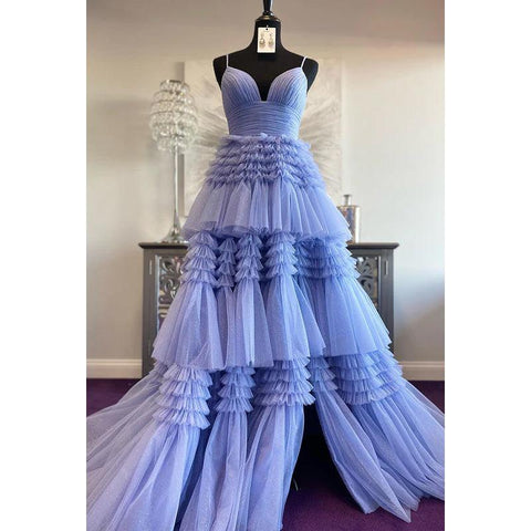 Vestido largo de fiesta de bienvenida con escote en V, tirantes finos y tul fruncido, corte A 