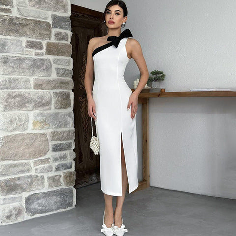 TARUXY Bow Skew Collar Sexy Split Maxi Dress Women's Contrast Color Sleeveless Elegant Club Evening Dress Splice Fashion Outfits