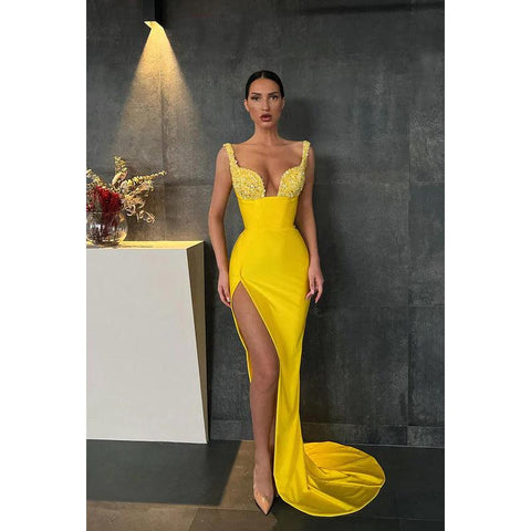 Robe de soirée longue fourreau à paillettes et col en V avec fente