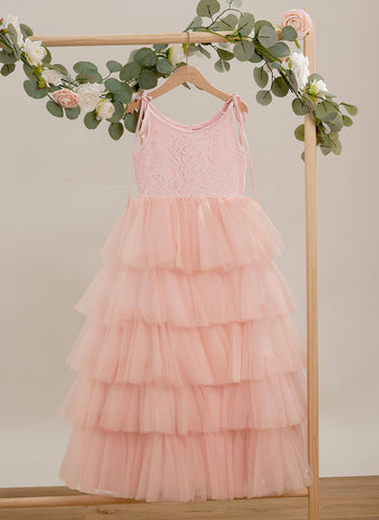 A-line Lace Tulle Floor-length Pink Dress (010220942)