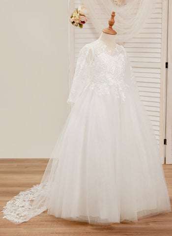 Ball-Gown Long SleevesTulle Sweep Train First Communion Flower Girl Dress