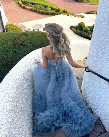 A Line Sweetheart Tiered Ruffled Tulle Long Prom Dress