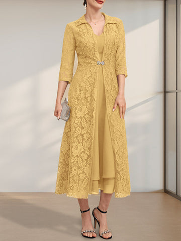 A-line V-Neck Tea-Length Chiffon Mother of the Bride Dress