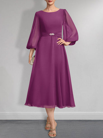 A-line Scoop Tea-Length Chiffon Mother of the Bride Dress With Crystal Brooch Pleated